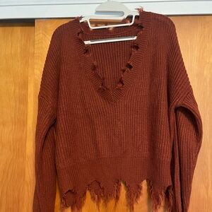 Distressed Brown V-Neck Crop Sweater